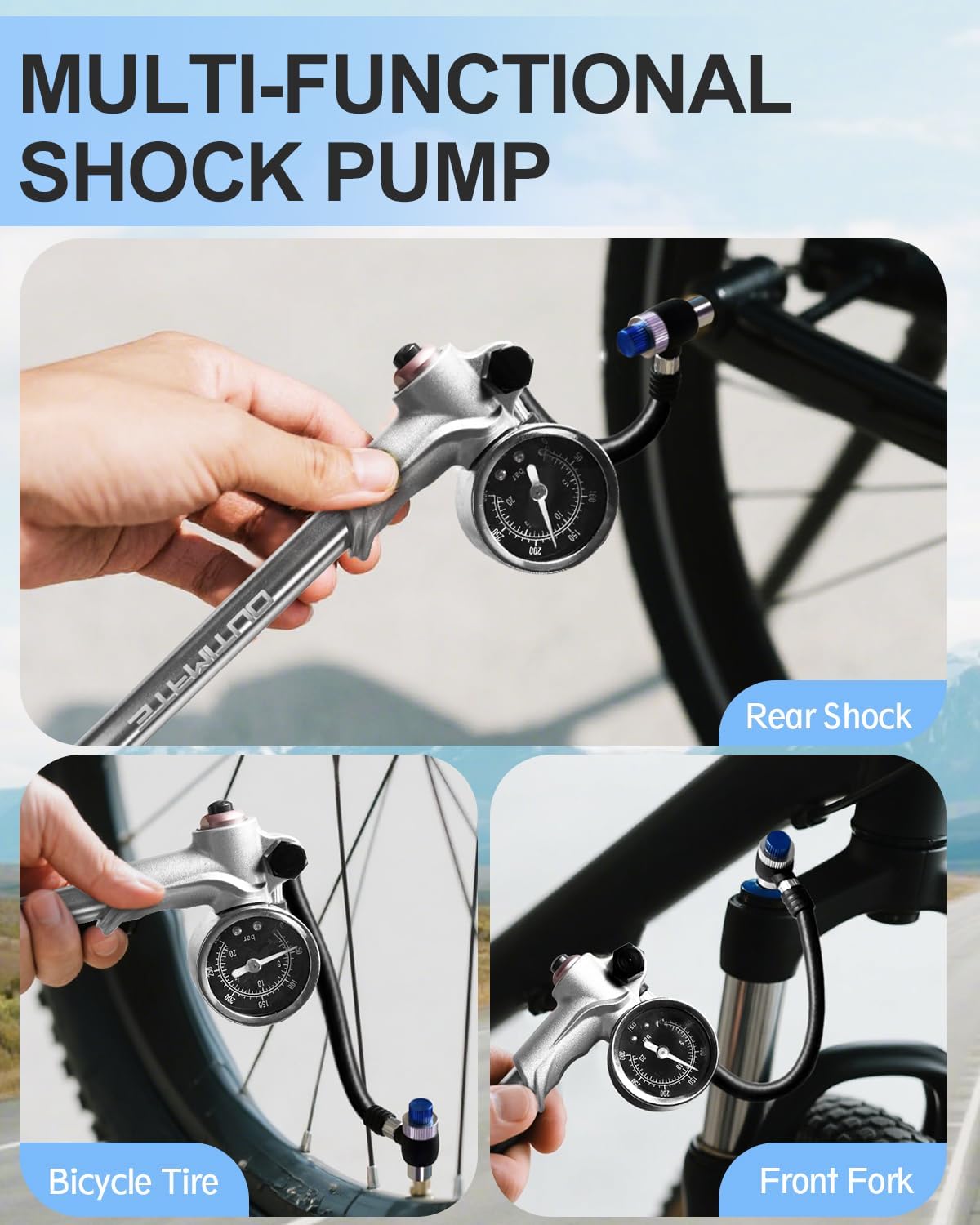 Bike Shock Pump, High Pressure 300 PSI Max Shock Pump for Mountain Bike, Bike Suspension Pump for Fork, Rear Shock with Gauge, Schrader Valve