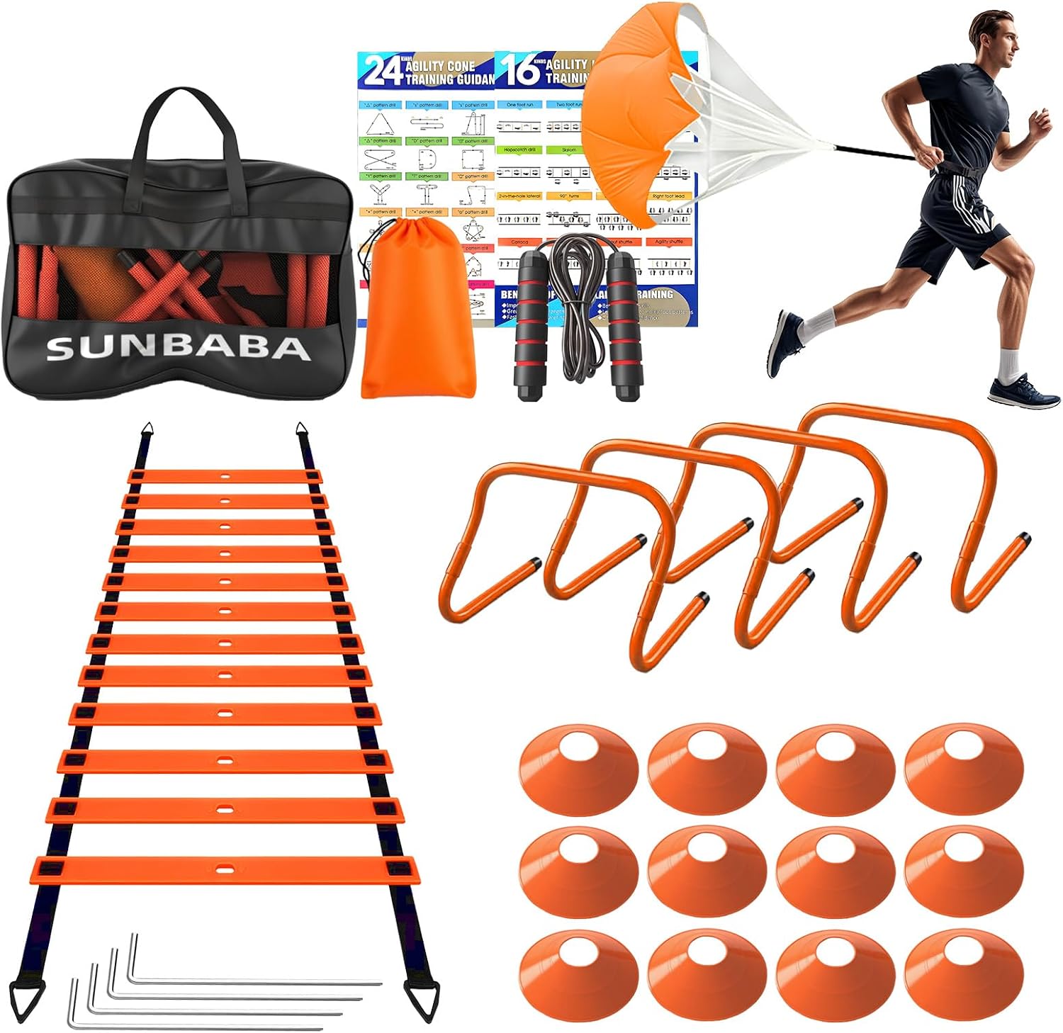 Sunbaba Agility Ladder Speed Training Equipment Set with 20ft Agility Ladder,4 Hurdles,12 Cones,Jump Rope,Running Parachute-Ideal Training Equipment for Youth Adults in Soccer Football Basketball