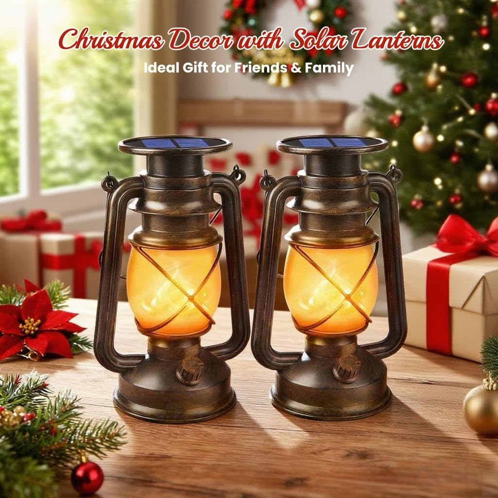 Solar Lanterns Outdoor Waterproof, 2 Pack Bronze Flickering Flame Lights