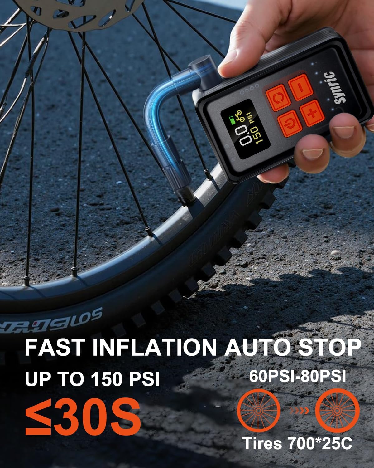 Mini Bike Tire Pump, 150PSI Fast Inflate Bike Pump with Gauge, Auto Stop, Portable Electric Air Pump with Presta & Schrader Valve, 360° Flexible Hose for Mountain Bike, Road Bike, E-Bike