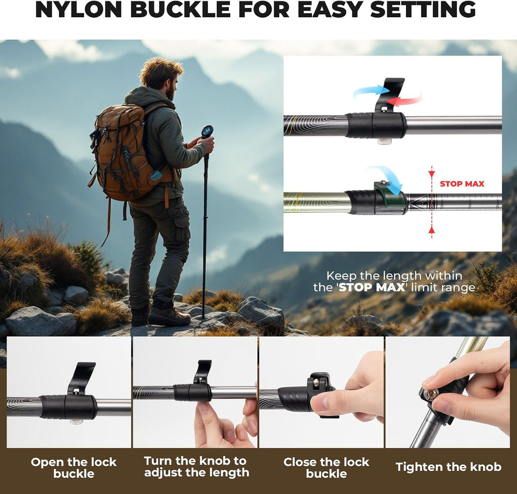 Ultralight Trekking Pole, Collapsible Hiking Pole with EVA Grip & Carbon Tip, 6061 Aluminum, Adjustable 62-135cm for Hiking Camping, 1 Stick