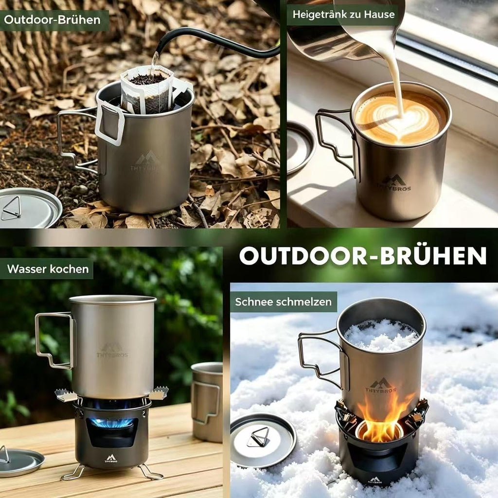 THTYBROS Titanium Cup Ultralight Camping Mug with Foldable Handle & Lid, Pure Titanium Cookware for Outdoor Hiking, Backpacking, Picnic, and Campfire