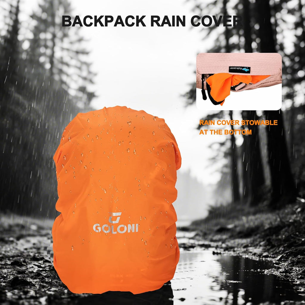 Goloni 45L Hiking Backpack Lightweight Foldable, Waterproof Camping Backpack with Rain Cover & Hiking Pole Mat Carrying System, Ergonomic Water Resistant Daypack for Trekking Travel Men Women Pink