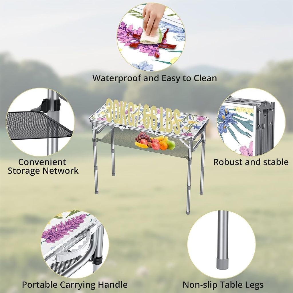 Anbte 3ft Folding Camping Table, 3 Adjustable Height Max 27.5",Floral Bloom