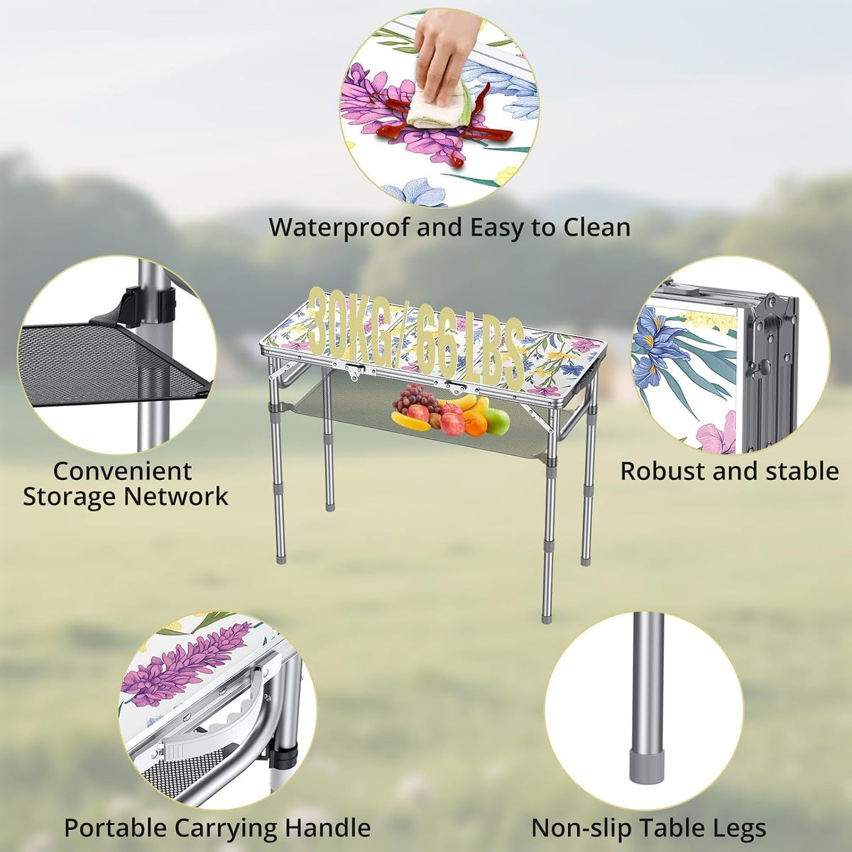 Anbte 3ft Folding Camping Table, 3 Adjustable Height Max 27.5",Floral Bloom