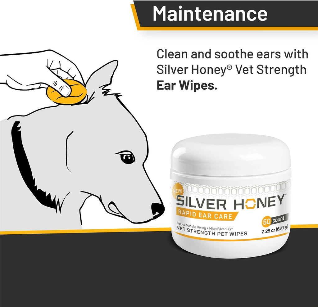 Silver Honey Rapid Ear Care Vet Strength Pet Wipes, 50ct, Manuka Honey &amp; MicroSilver BG