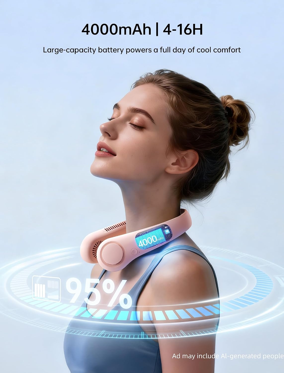 JISULIFE Portable Neck Fan, Hands-Free Bladeless, 5 Speeds, 4000 mAh | Battery Operated Wearable Personal Fan, Twistable, Rechargeable Travel Essentials, Gifts for Women Men-Pink