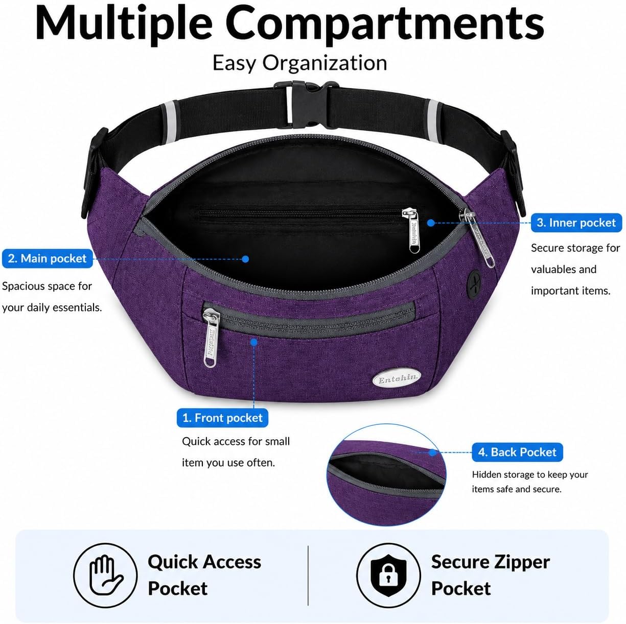 Entchin Water-Resistant Fanny Pack, 4-Zipper Belt Bag