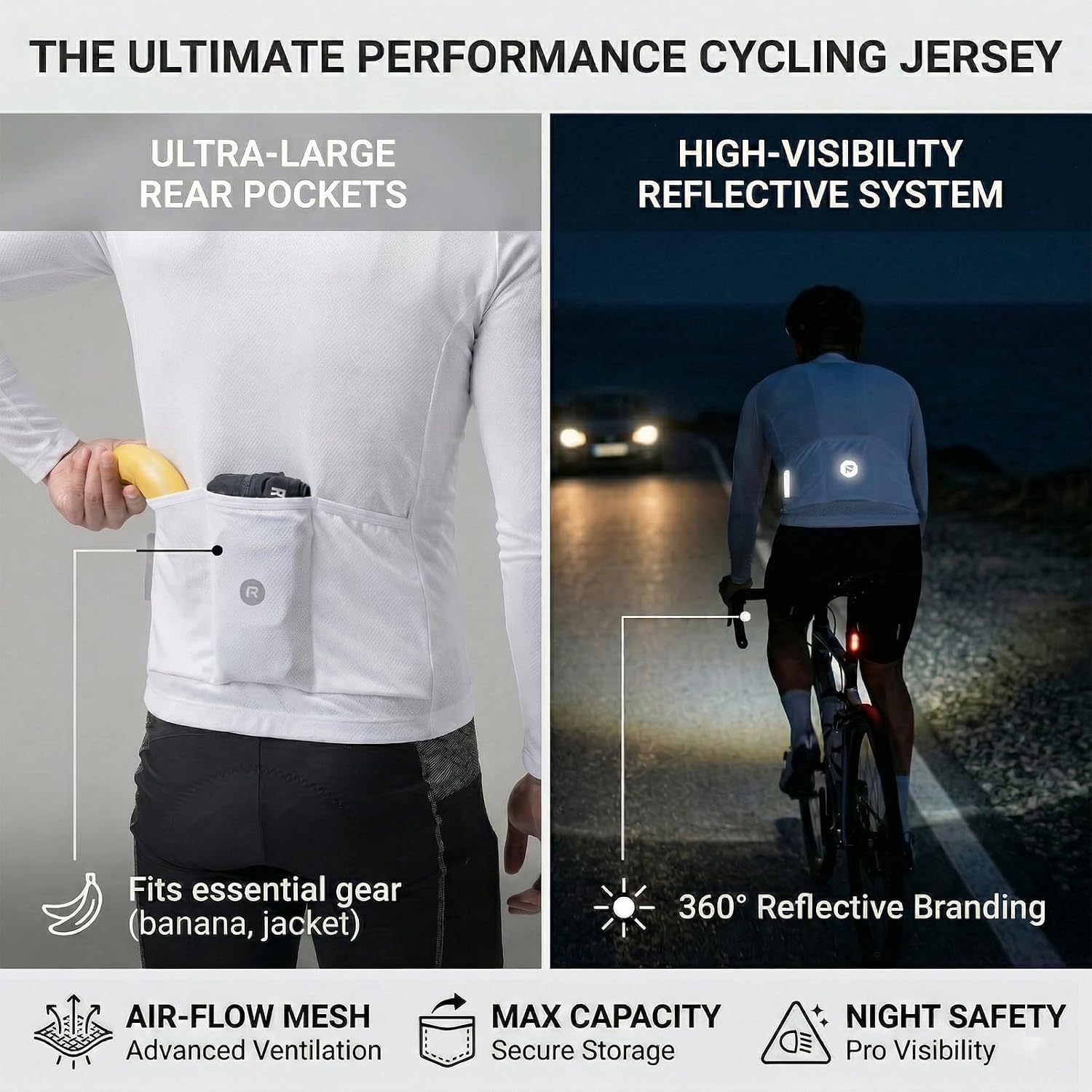 ROCKBROS Men's Long Sleeve Cycling Jersey Breathable Lightweight Bike Shirt Moisture Wicking Reflective 3 Pockets Half Zip