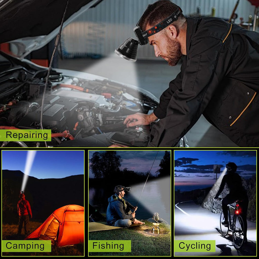 Rechargeable LED Headlamp with Flood and Spot Beam, Power Display, 5 Lighting Modes, Ultra Bright High Lumen Waterproof Head Torch for Camping, Hiking, Running, Fishing, Hunting, Outdoor Activities