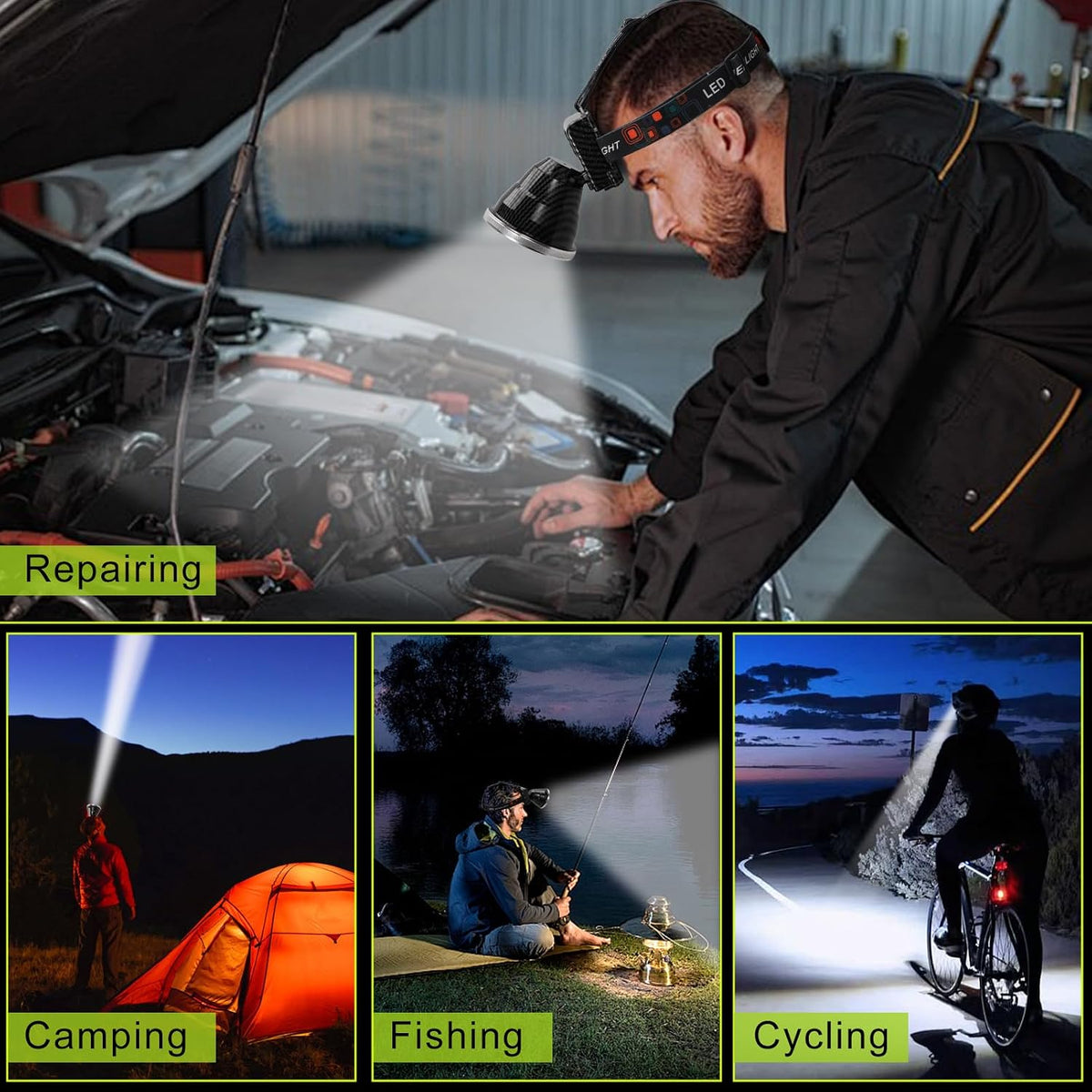 Rechargeable LED Headlamp with Flood and Spot Beam, Power Display, 5 Lighting Modes, Ultra Bright High Lumen Waterproof Head Torch for Camping, Hiking, Running, Fishing, Hunting, Outdoor Activities