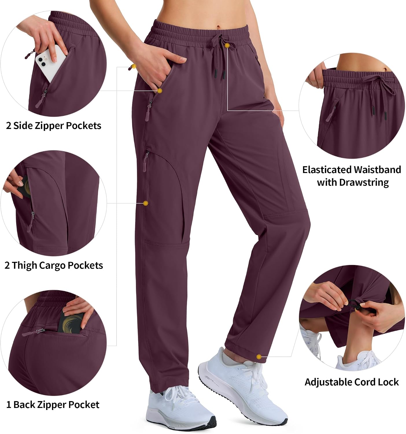 Hugut Women's Lightweight Hiking Cargo Safari Pants with Zipper Pockets | Quick-Dry, UPF 50+, Water-Resistant Stretch Nylon with Elastic Waist, for Golf Travel Work Camping Fishing and Outdoor