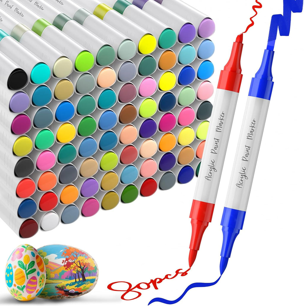 WELLOKB 80 Colors Dual Tip Chisel & Brush Acrylic Paint Markers, Fabric Markers, Permanent Acrylic Paint Pens for Wood, Glass, Rocks, Paper, Coloring book, Ceramic, DIY Crafts for Adults