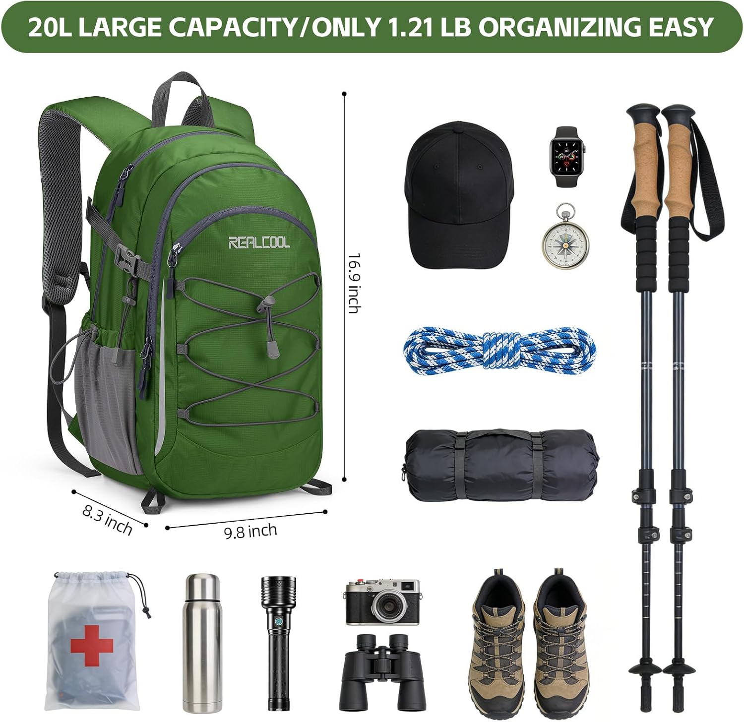 RealCool 20L Lightweight Hiking Backpack, Waterproof Daypack for Camping