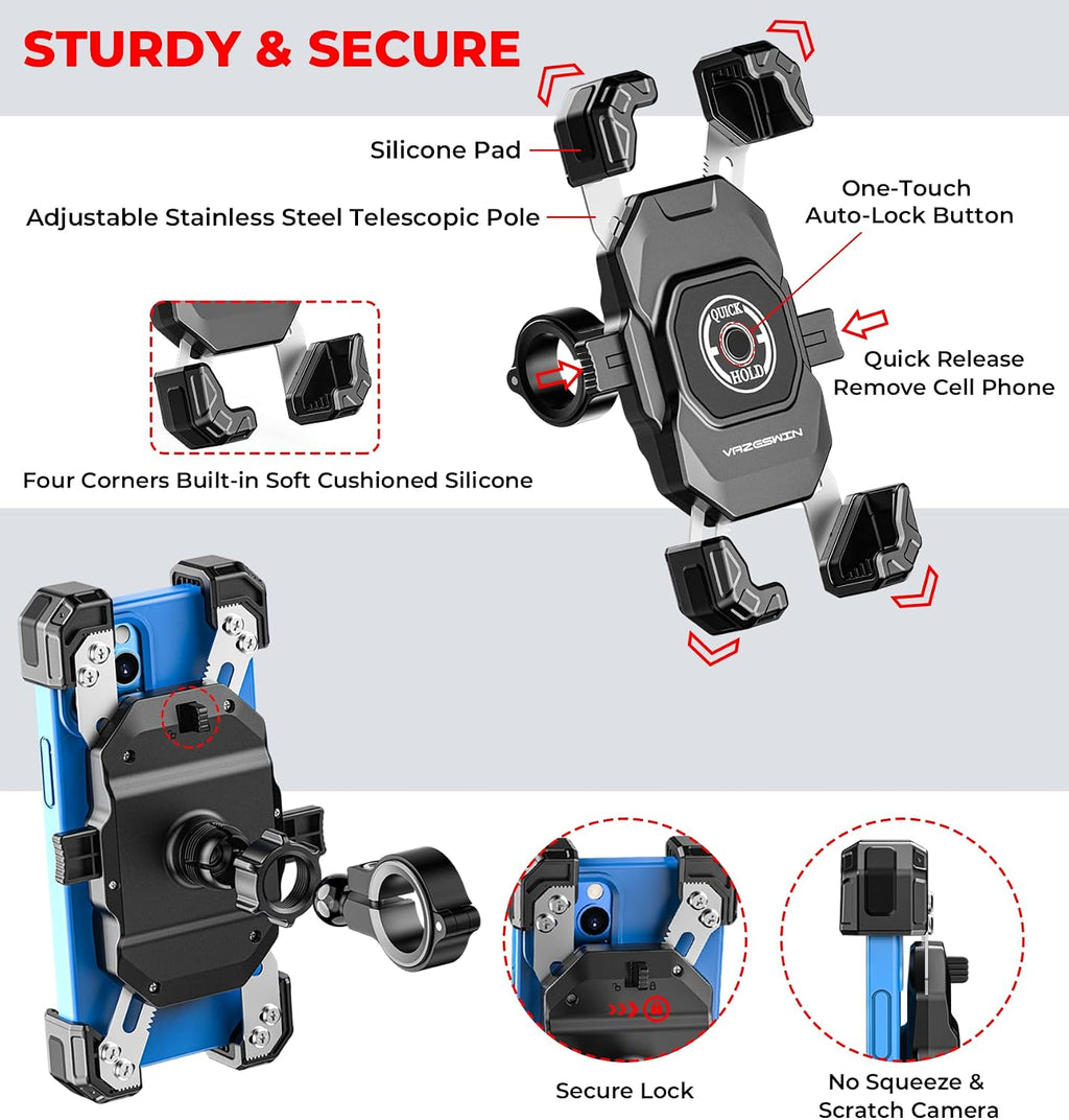 VAZESWIN Motorcycle Phone Mount, 1s Lock Bike Phone Holder with Safety Lock