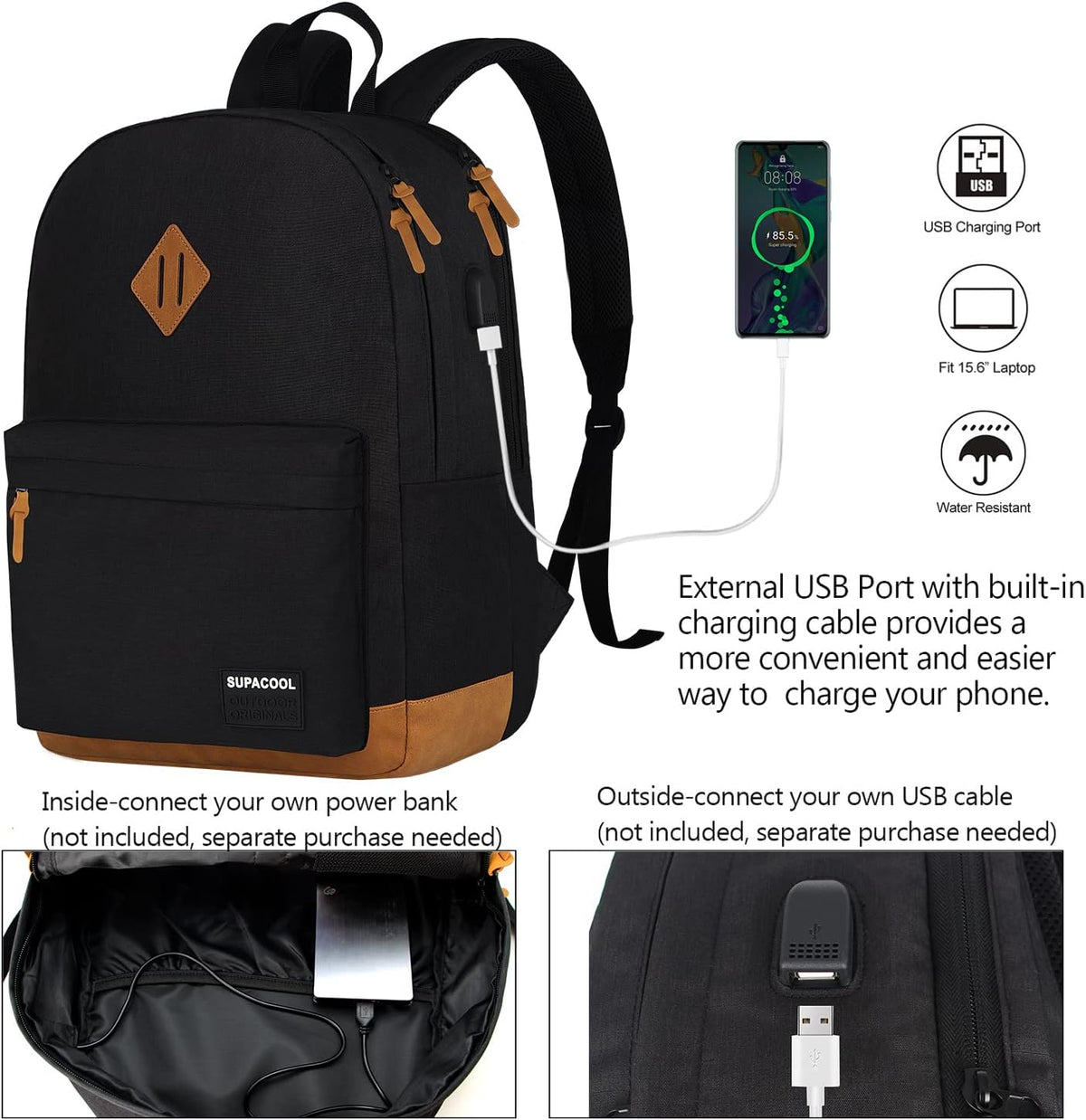 SUPACOOL Large Laptop Backpack with USB Charging Port for Men and Women