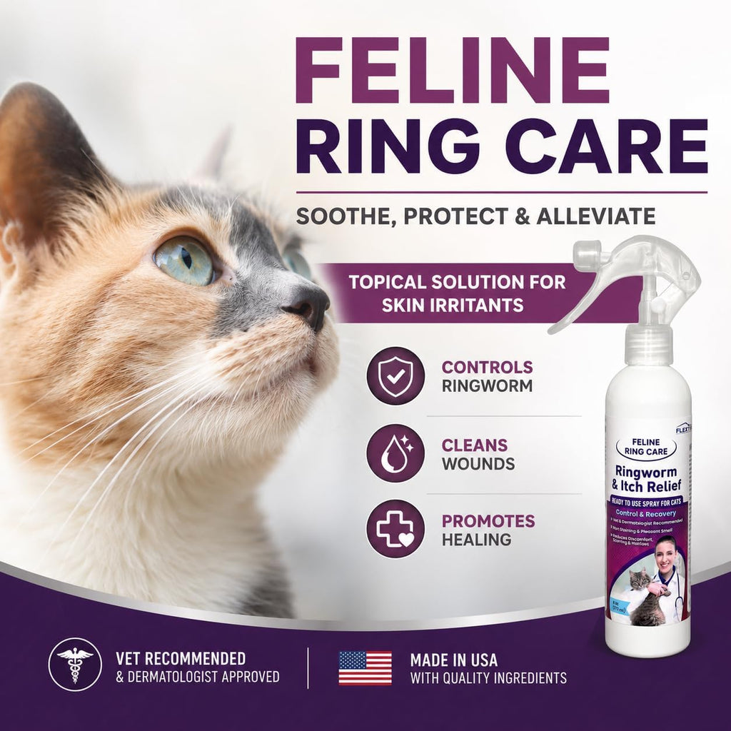 Feline Ring Care | Control & Help with Cat Ringworm, Mange, Dermatitis, Dog Paw Yeast. Also works on Dogs, Hamsters, Guinea Pigs, Rabbits, etc. 8 oz Ready to Use Spray for Cats and Itch Relief