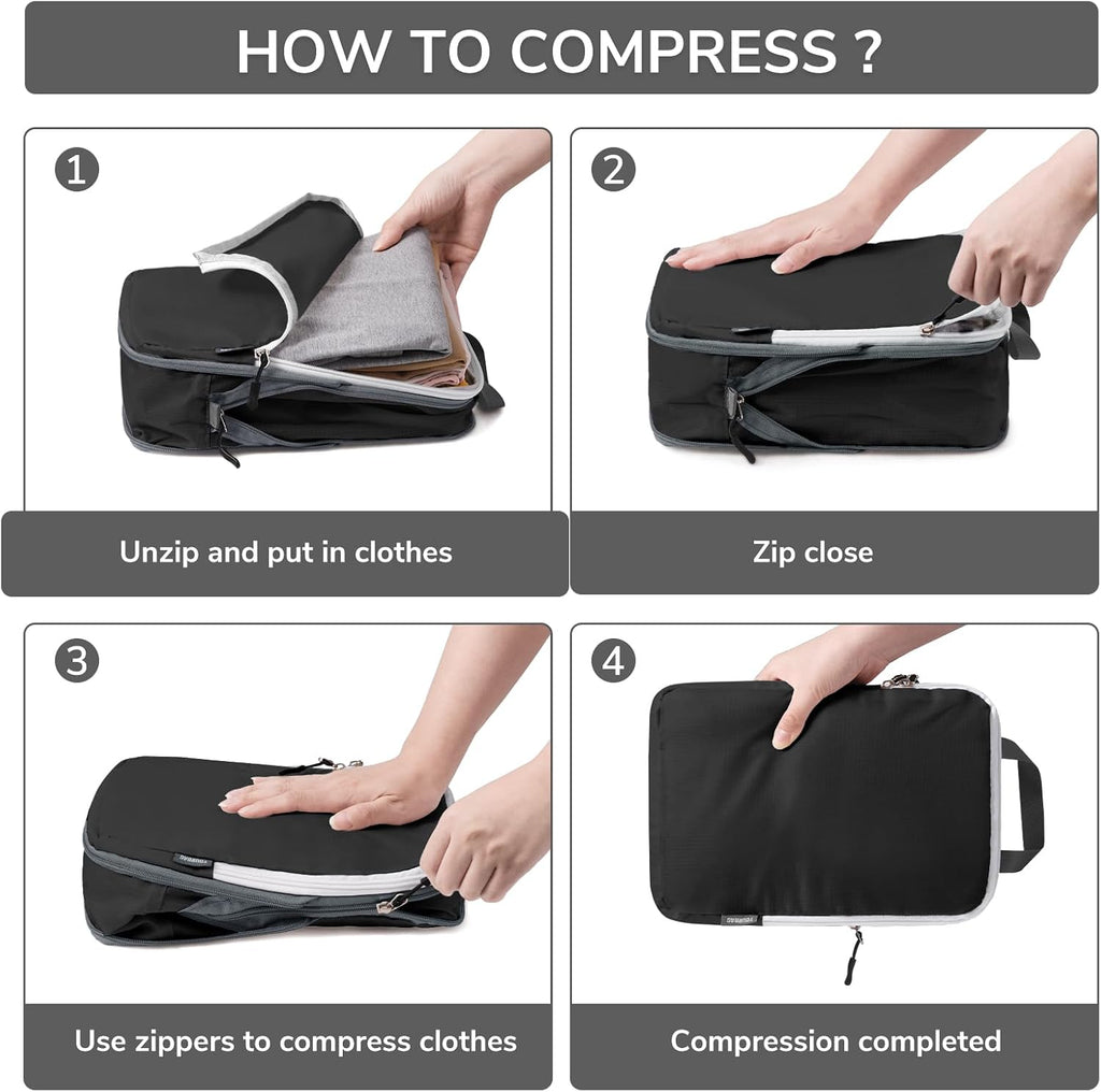 CherryNow 7 Set Compression Travel Packing Cubes for Suitcases, Black