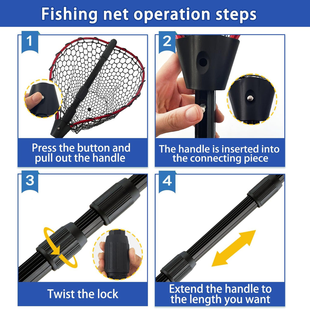 Telescoping Metal Lock Fishing Net with Handle Red Green 64" 52" Rubber Fish Net - Adjustable Length Lightweight Foldable Large Big Collapsible Extendable Fishing Net