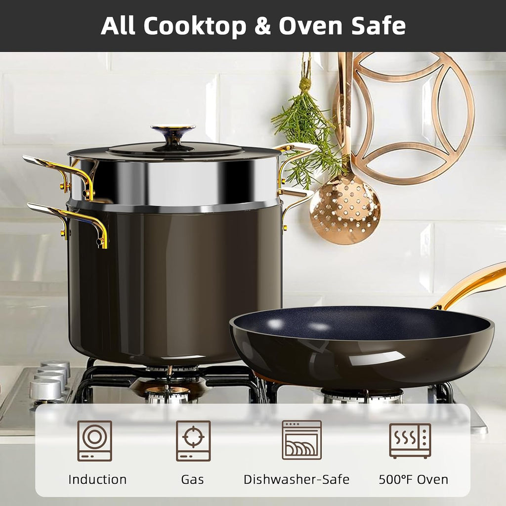 Nuwave Lux LE 13Pc Ceramic Cookware Set with Elegant Gold Handle, PFAS Free