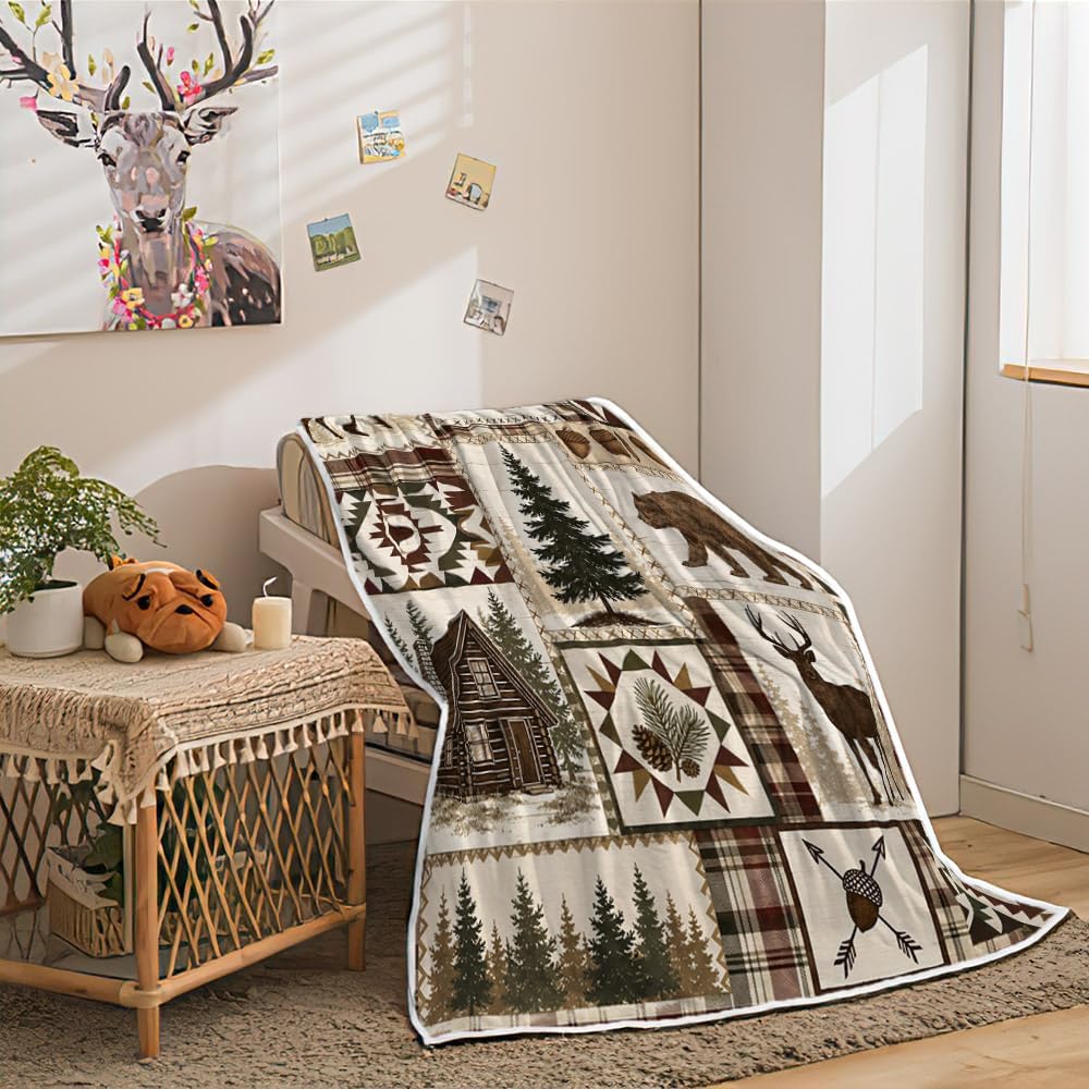 Rustic Cabin Throw Blanket, Welcome To The Cabin Moose Bear Plaid Decor