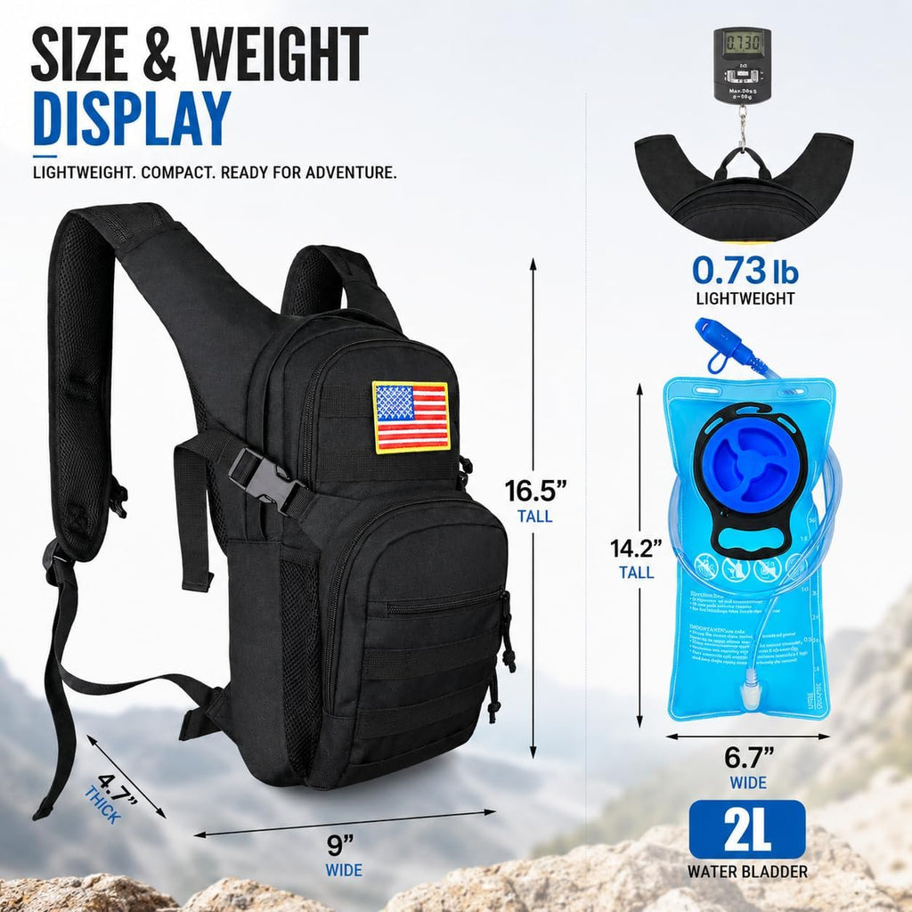 Tactical Hydration Backpack 2L Water Bladder - Lightweight Durable Pack for Hiking, Running, Outdoor Adventures, Adjustable Straps & Leak-Proof Design