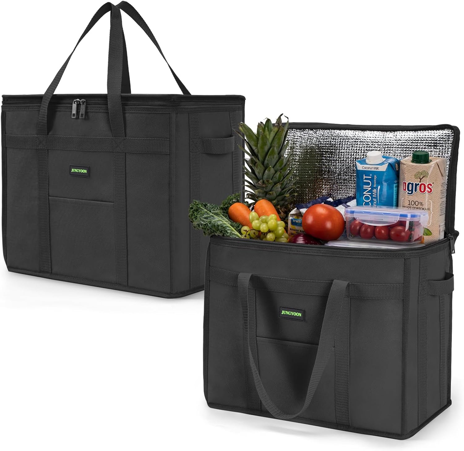 JUNGYOON Heavy-Duty Insulated Grocery Bags & Insulated Bag – Collapsible Cooler Bag with Zippered Top