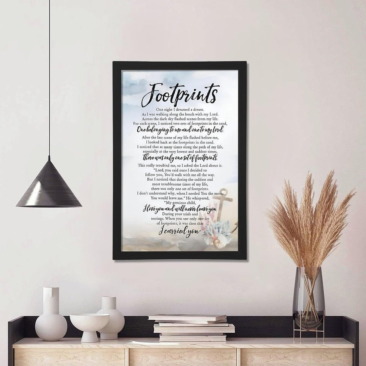 Footprints in the Sand Religious Canvas Wall Art Posters, Inspirational Beach Sunset Poem Print Poster (Black Framed 24x36inch, Footprints(6))