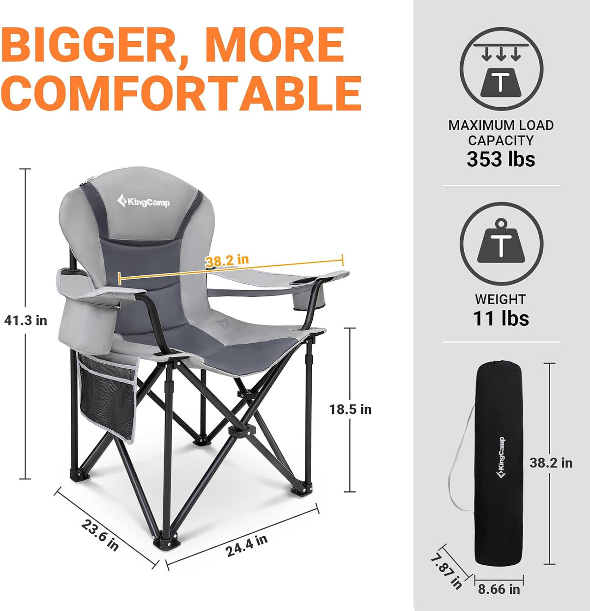 KingCamp Oversized Camping Folding Chair with Lumbar Support, Heavy Duty Ergonomic Padded Arm Chair with Cooler Bag, Cup Holder, Portable for Outdoor