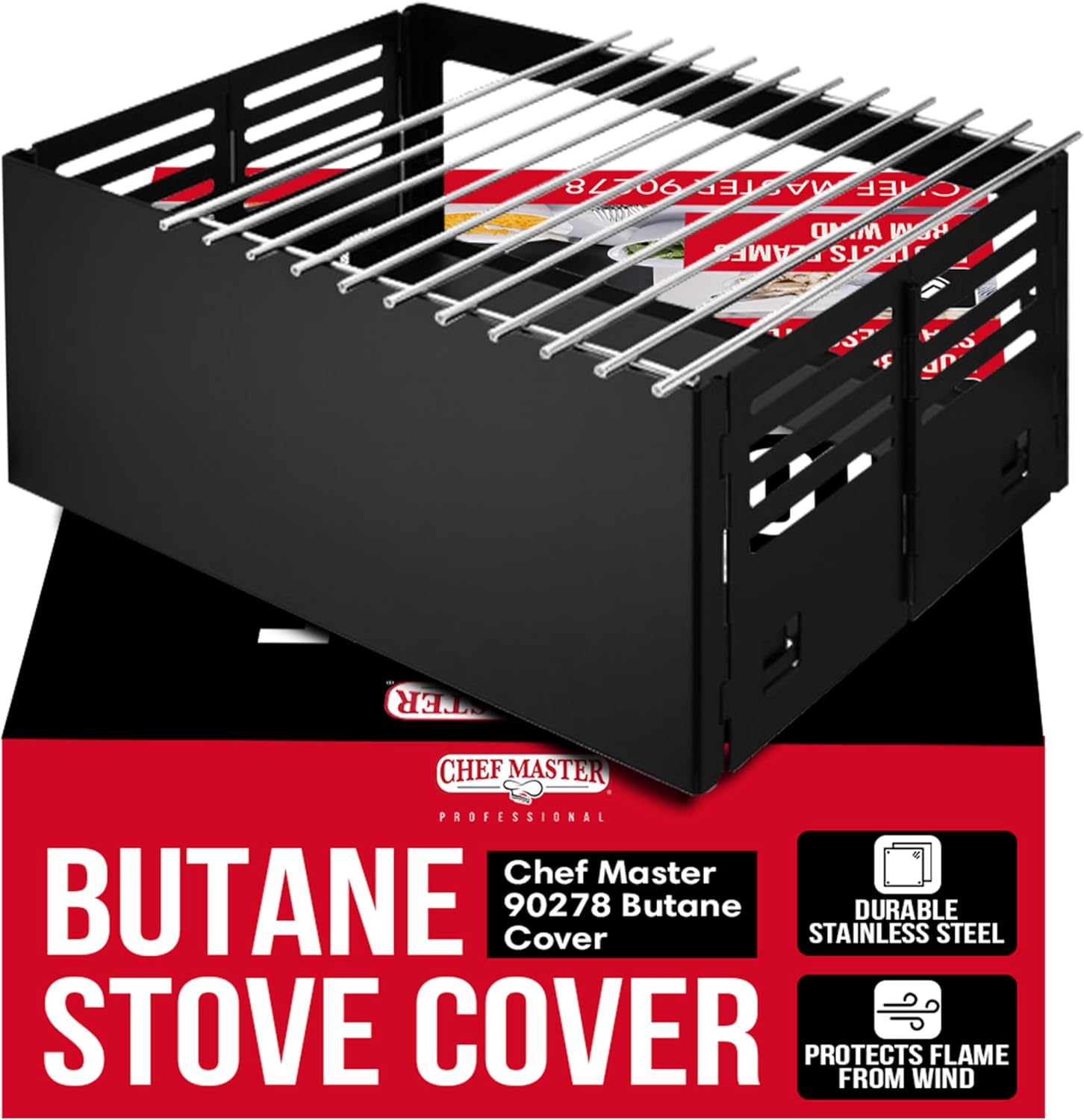 Chef Master Butane Stove Cover - Universal Fit for Any Standard Size - Premium Black Steel Collapsible Camp Wind Guard - Camping Windscreen & Grill Wind Blocker Panel - Outdoor Cooking Accessory 90278