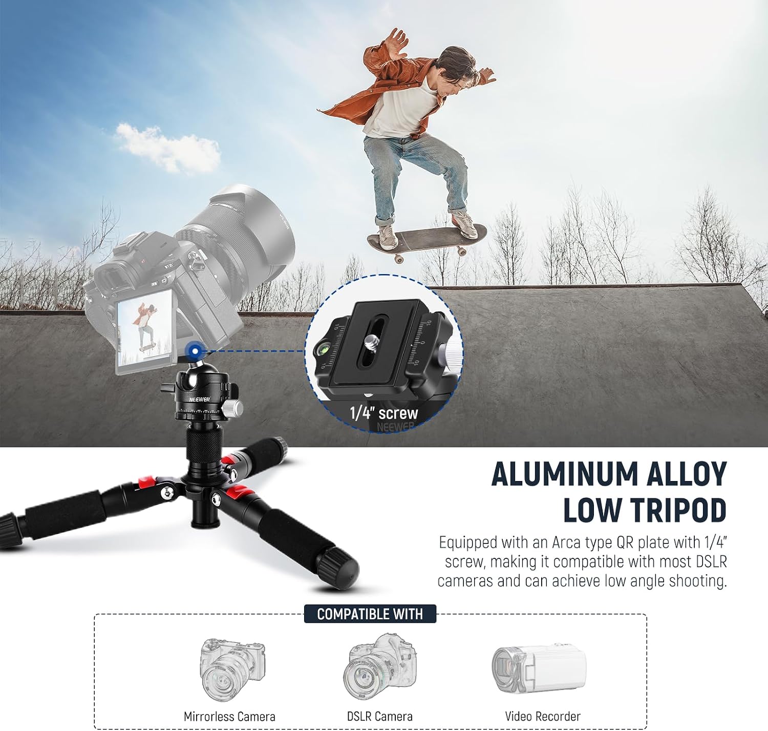 NEEWER Portable Travel Mini Tabletop Tripod, Aluminum Alloy 20''/ 50cm Desktop Desk Tripod with 360 Degree Ball Head, 1/4" Quick Shoe Plate for DSLR Camera Video Camcorder, Max Load 11 lb/5 kg