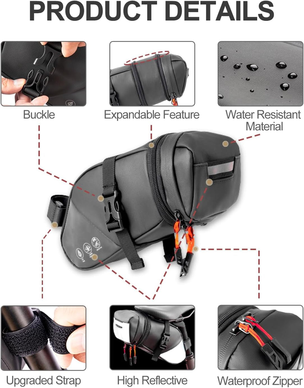 Bike Seat Bag, Expandable Bicycle Saddle Bag Under Seat, Waterproof Cycling Seat Pack for Mountain Road Bikes and Commuter, 1.5-2L