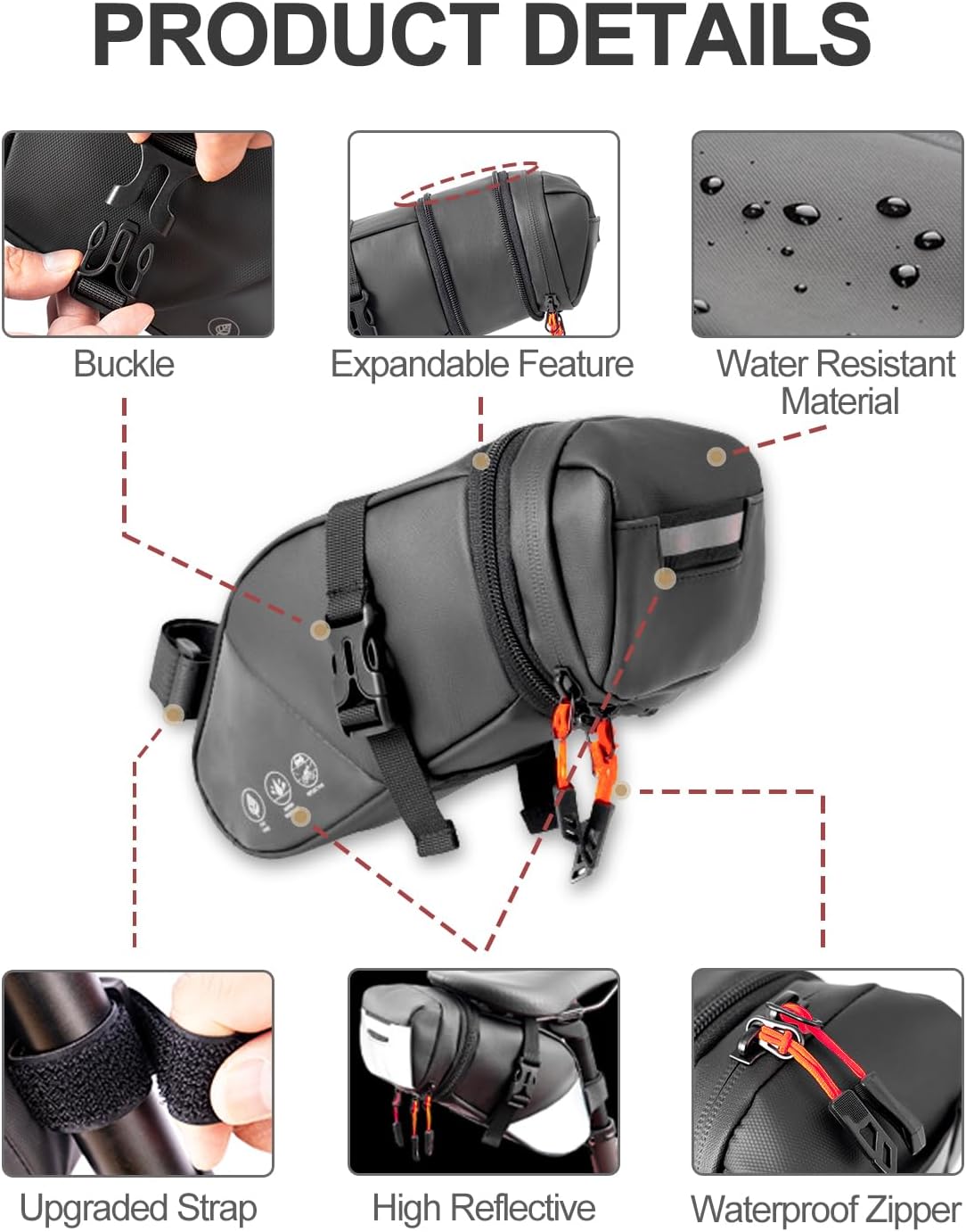 Bike Seat Bag, Expandable Bicycle Saddle Bag Under Seat, Waterproof Cycling Seat Pack for Mountain Road Bikes and Commuter, 1.5-2L