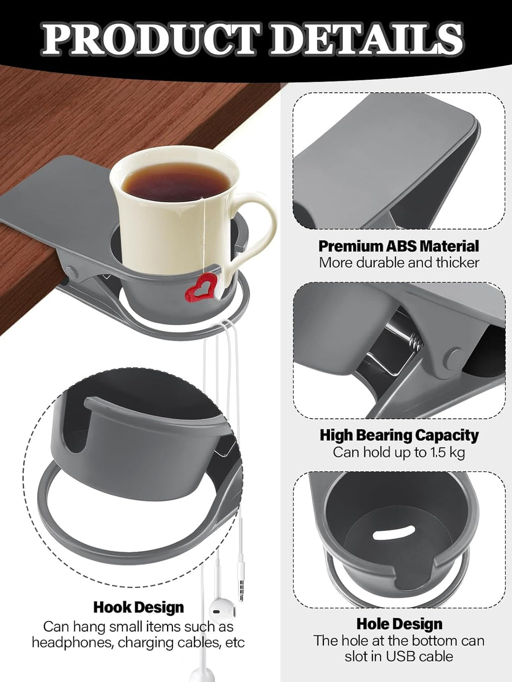 2PCS Clip on Drink Holder for Beach Chair, Desk Cup Holder with Groove