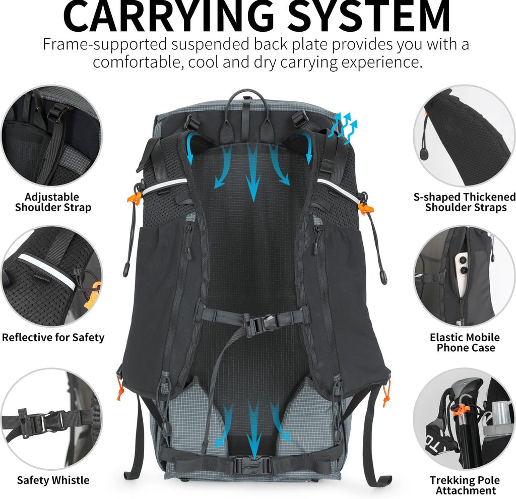 IX INOXTO Hiking Backpack for Men and Women, 30L Waterproof Camping Backpack with 3L Water Bladder and Rain Cover, Lightweight Outdoor Sport Travel Daypack Rucksack for Climbing Cycling (Dark gray)