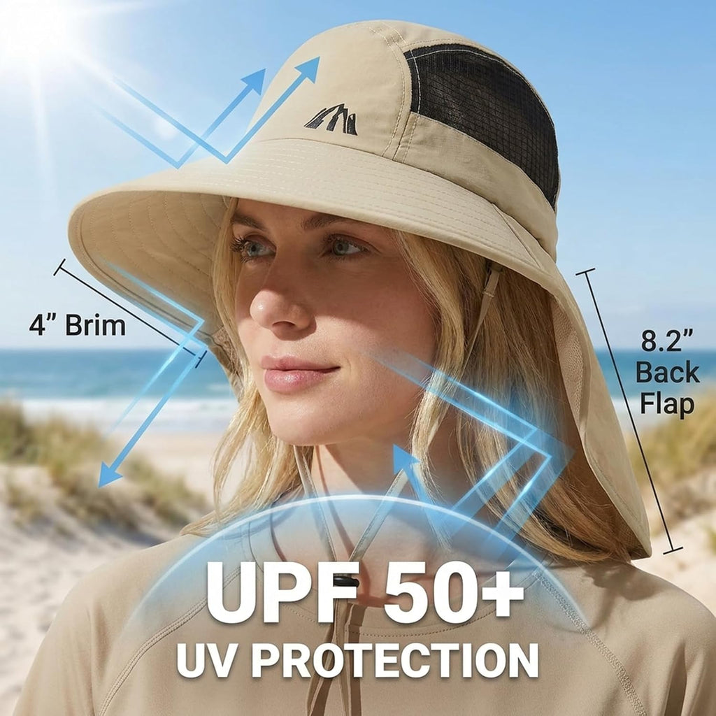 UV Sun Protection Hat Women Foldable Neck Flap Wide Brim Fishing Hat with Ponytail Hole for Women