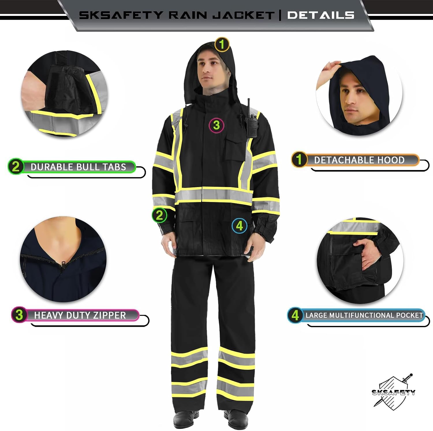 SKSAFETY Hi Vis Safety Rain Jacket for Men, Construction Work Rain Gear Heavy Duty Class 3 Rain Coat Waterproof Lightweight
