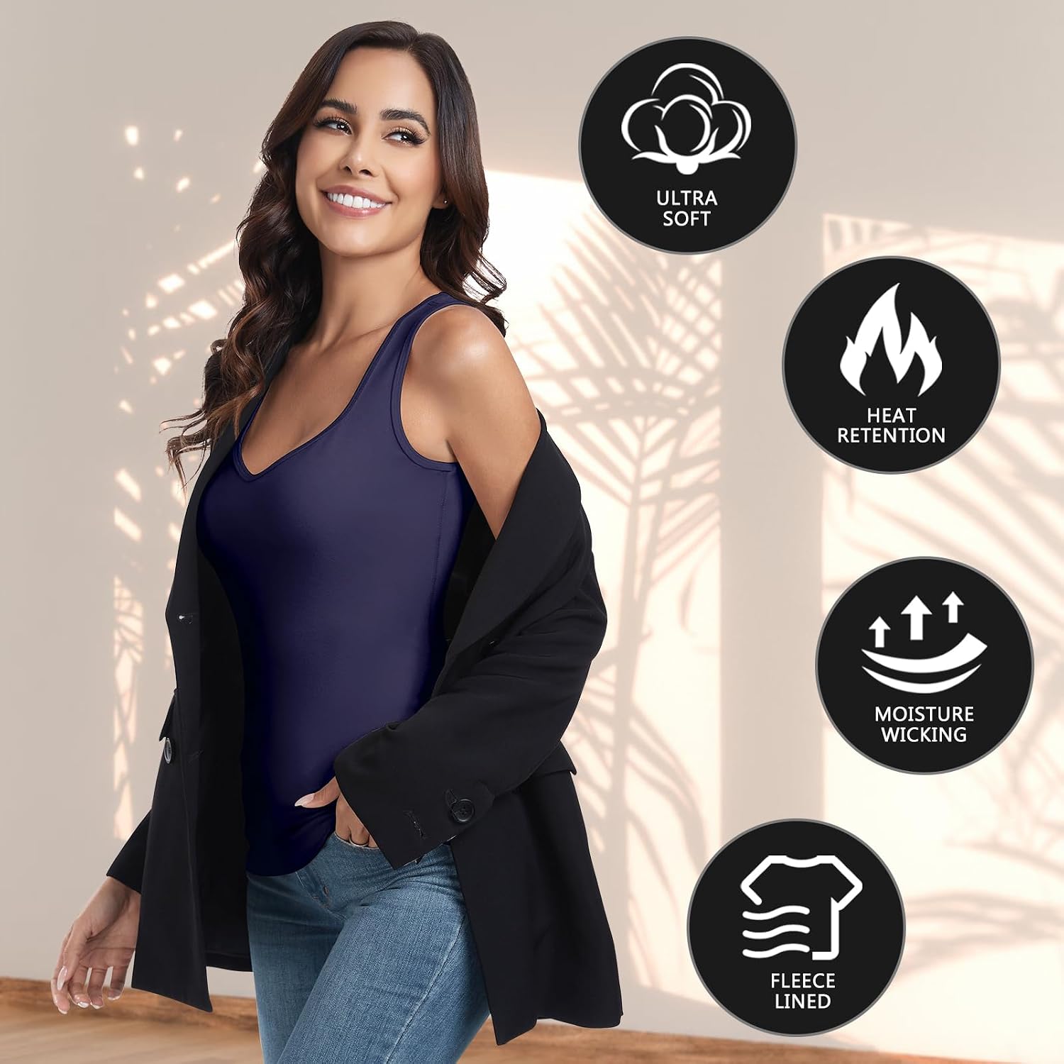 WOWENY Thermal Fleece Tank Top for Women V Neck Sleeveless Shirts Camisole Warm Base Layer Cami Vest Underwear Tops