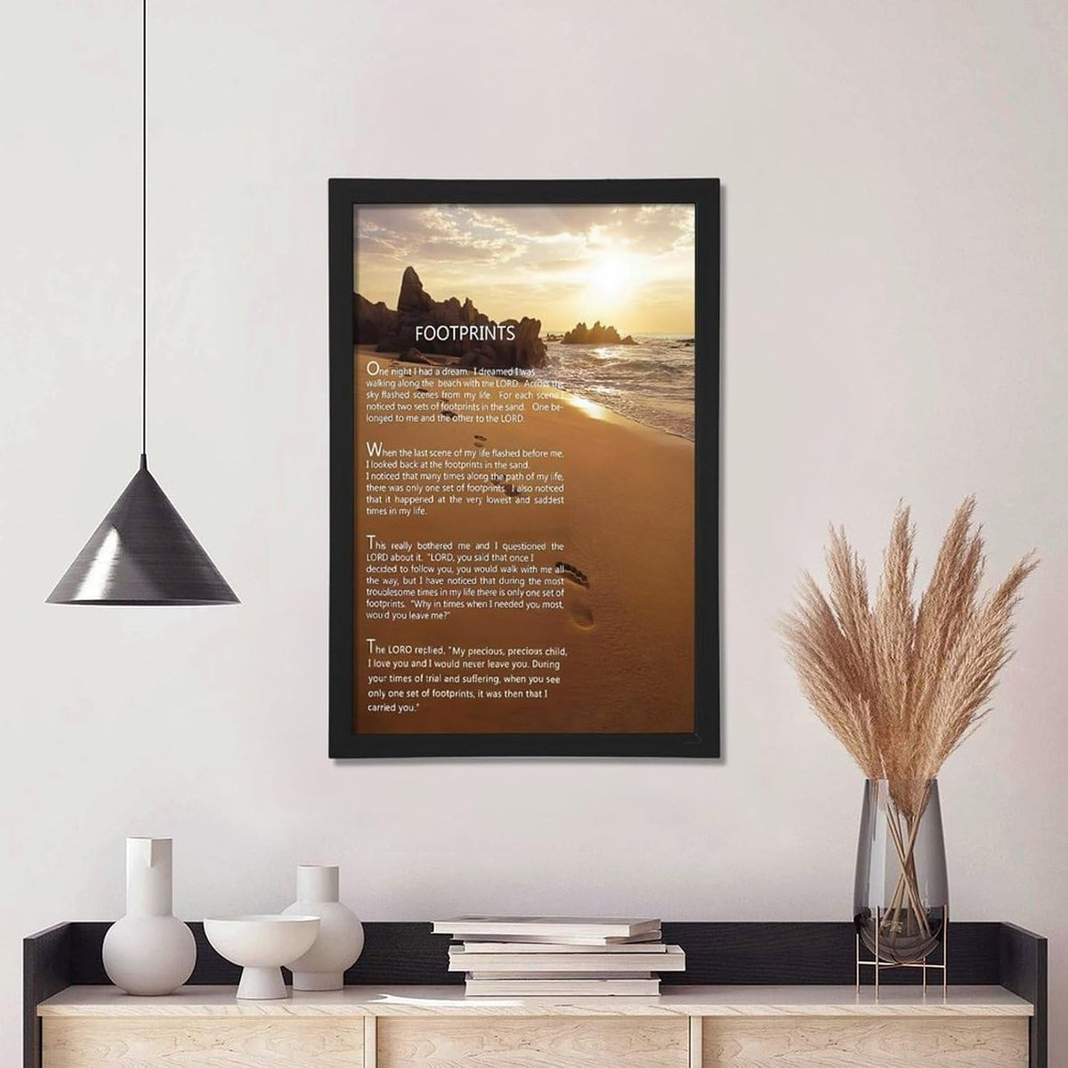 Footprints in the Sand Religious Canvas Wall Art Posters, Inspirational Beach Sunset Poem Print Poster (Black Framed 24x36inch, Footprints(2))