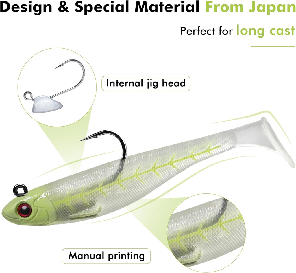 TRUSCEND Shadtale Easy Catch Soft Fishing Lures with BKK Hooks - Trembly Sinking and Vibrating Swim for More Bites, Pre-Rigged Swimbaits for Bass, Trout, Crappie, Walleye, Freshwater Saltwater Fishing