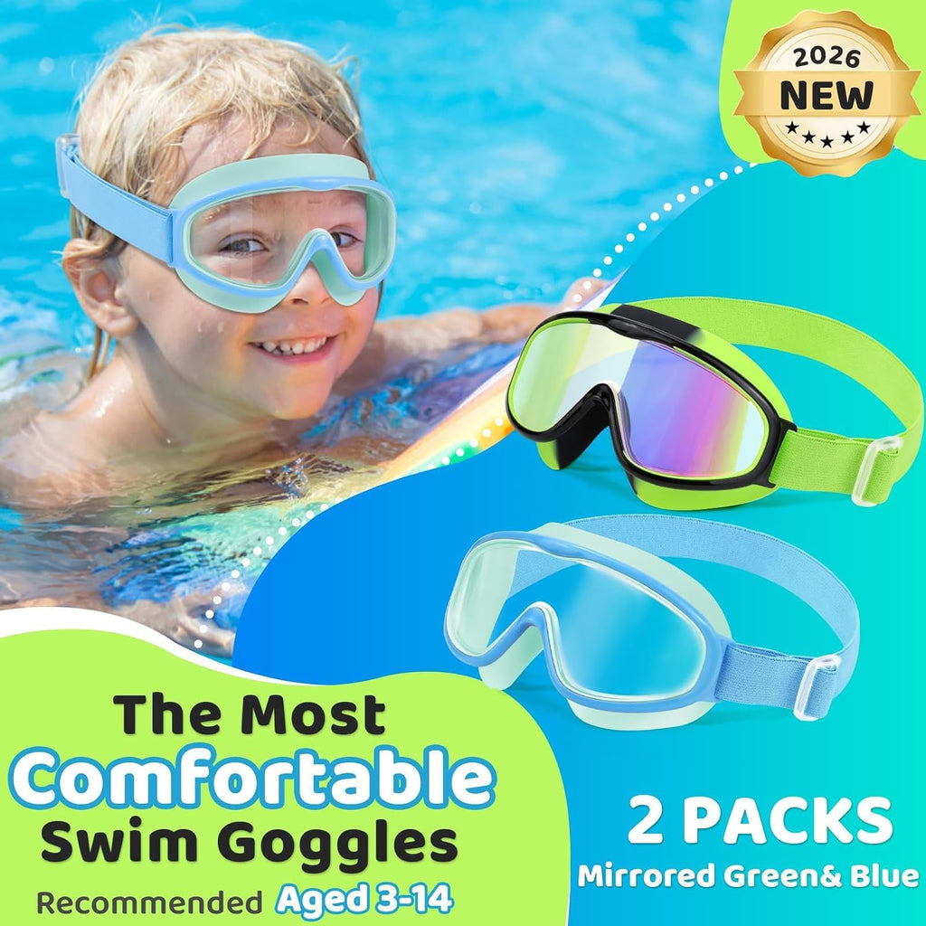 2 Pack Kids Swim Goggles for 3-14, Fabric Strap Wide View Anti Fog& UV