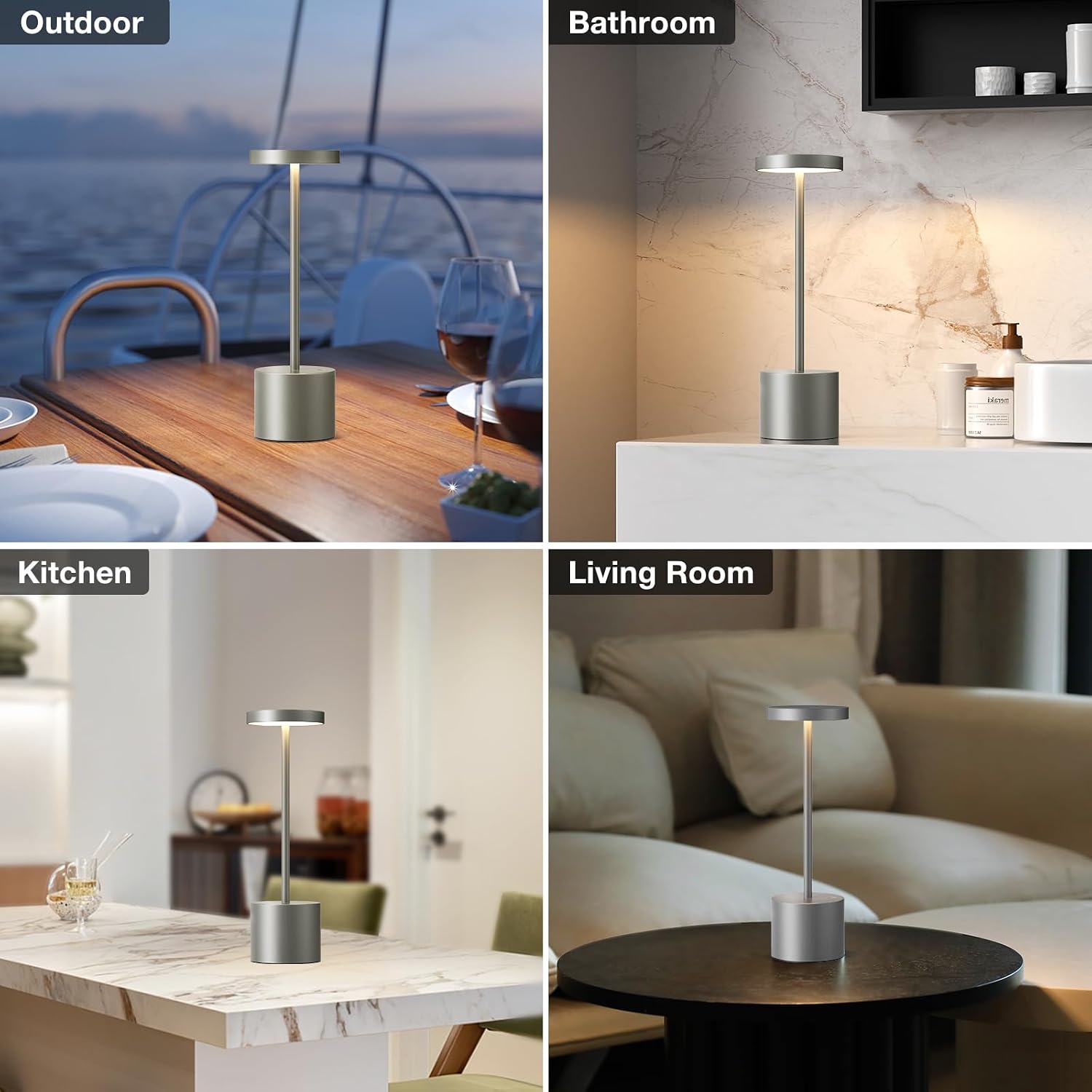 Kakanuo Grey Rechargeable Cordless Lamp - Touch Control, 3 Color Temperature, Wireless Battery Operated Lamps, Stepless Dimmable, Set of 2