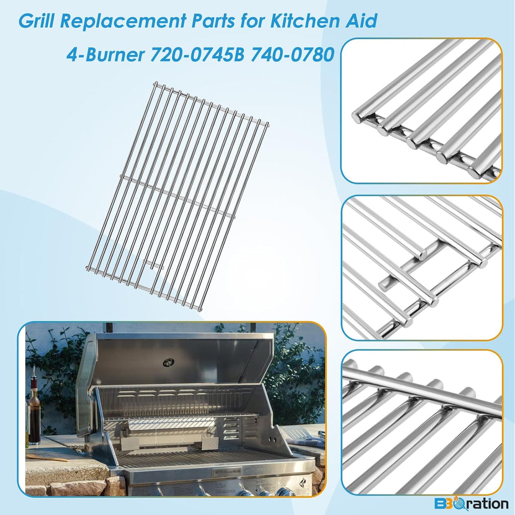 Replacement Kit for Kitchen Aid 720-0745B 740-0780 860-0012 720-0745 720-0745A, 7MM Solid Stainless Steel Cooking Grates, Burners and Heat Plates for Kitchenaid Grill Replacement Parts