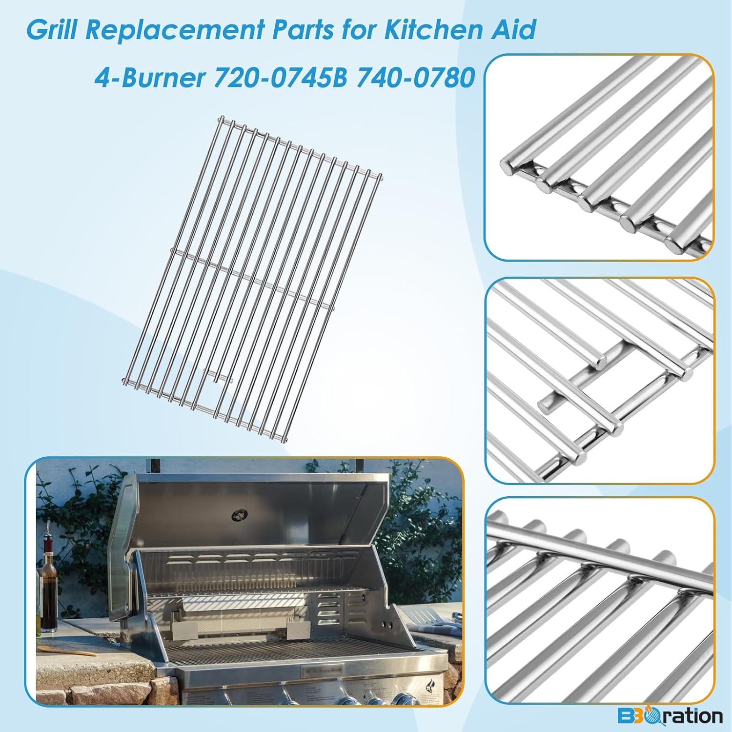 Replacement Kit for Kitchen Aid 720-0745B 740-0780 860-0012 720-0745 720-0745A, 7MM Solid Stainless Steel Cooking Grates, Burners and Heat Plates for Kitchenaid Grill Replacement Parts