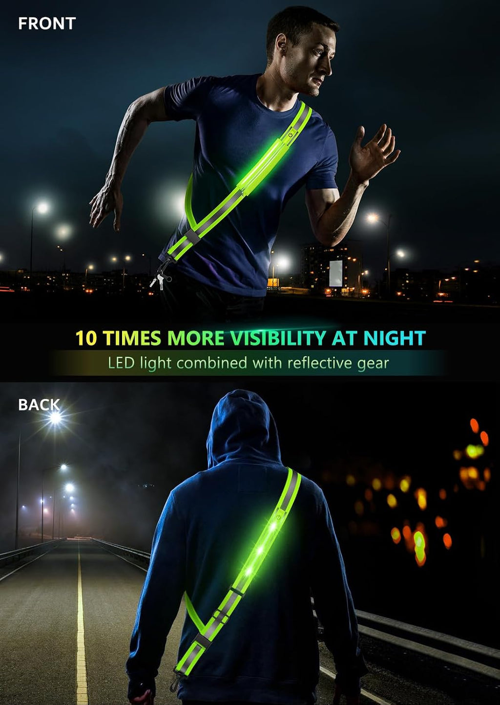 Fokia Kunbio LED Reflective Belt Sash for Walking at Night,Running Safety Gear LED Light Up Running Belt for Runners Walkers