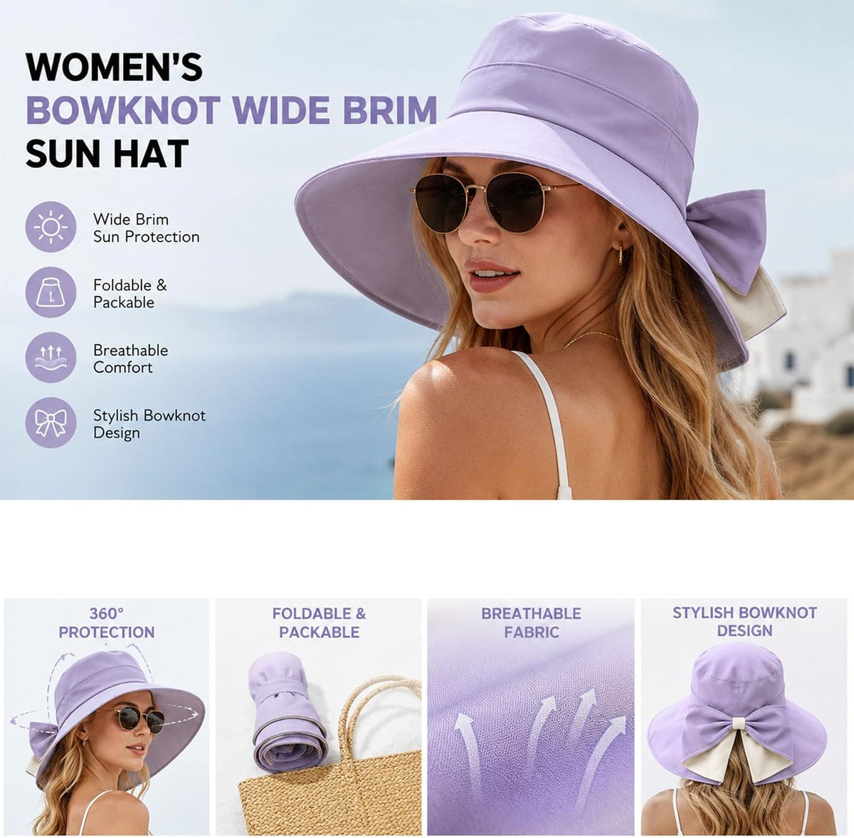 Women's Bowknot Wide Brim Sun Protective Hat