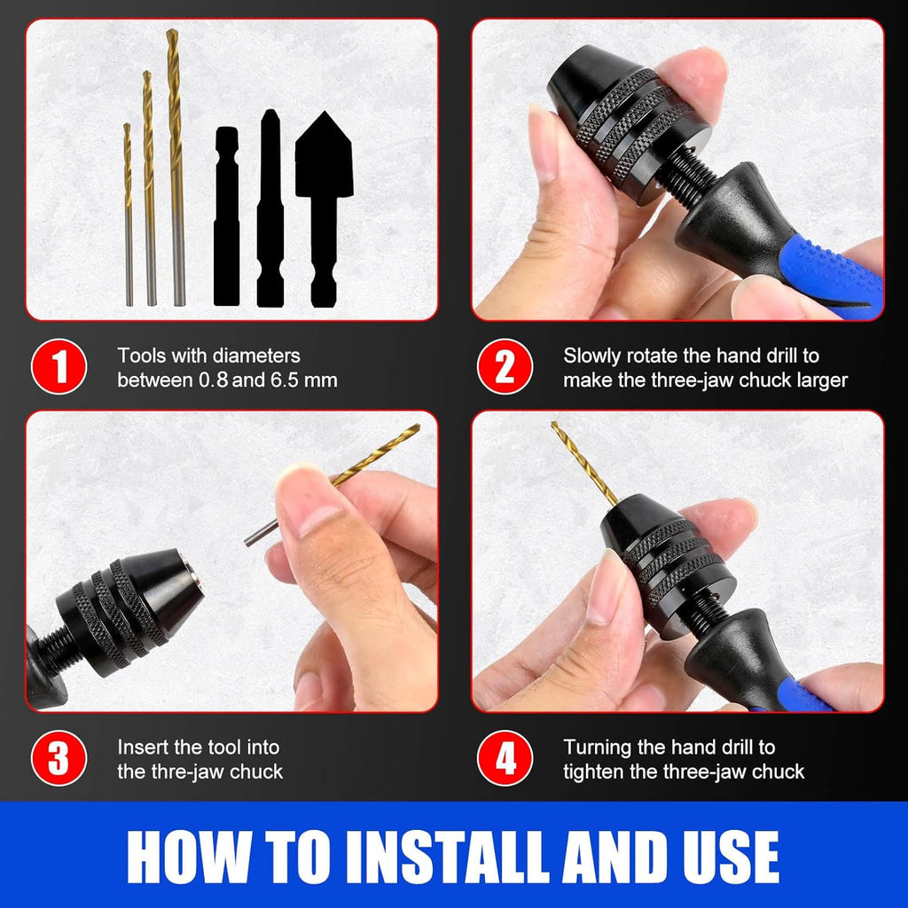Hand Vise Hand Drill Manual Adjustable Pin Vise 0.8~6.5mm with 13 Pcs Drill Bits HSS Twist Drill Bits Set(0.8mm-6.5mm) for Wood, Jewelry, Plastic, Beads Etc