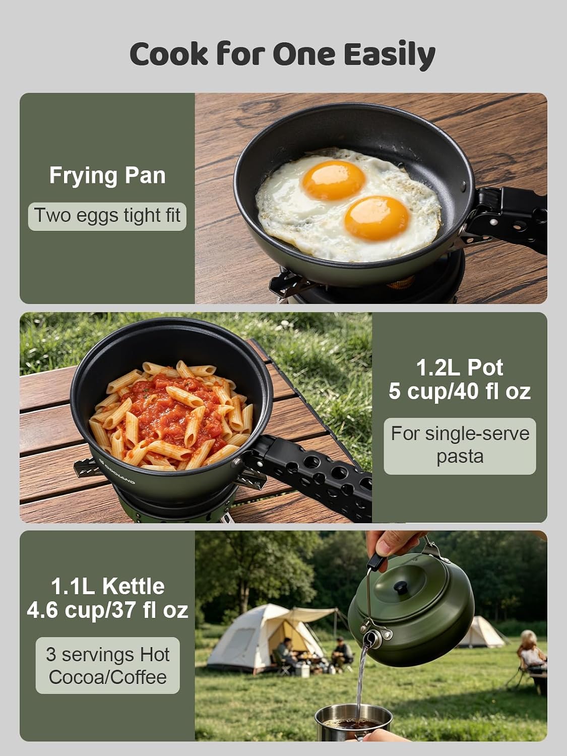 Odoland 5pcs Camping Cookware Non-Stick Camping Pot and Pan Set with Kettle and Removable Handle for Hiking Backpacking and Picnic