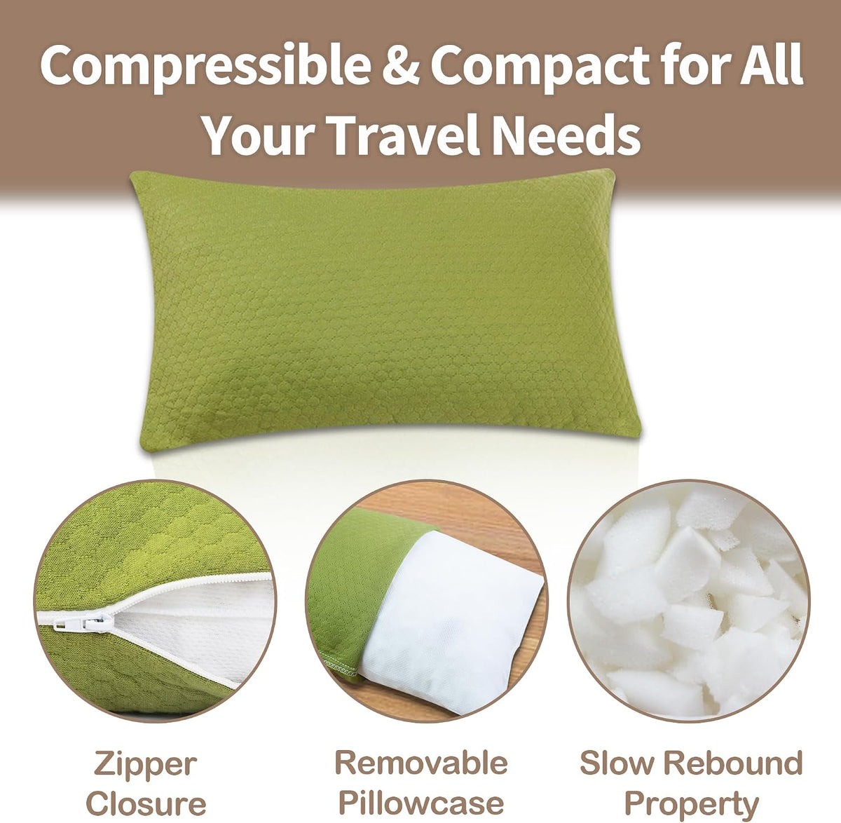 Travel Pillow Backpacking Pillow, Compressible Memory Foam Pillow Breathable Cover for Travel Airplane Hiking and Car