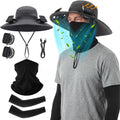 Syhood Solar Powered Fan Hat Neck Gaiter Arm Sleeves Sun Bucket Hat with Fan Cooling Wide Brim Hats for Fishing Hiking